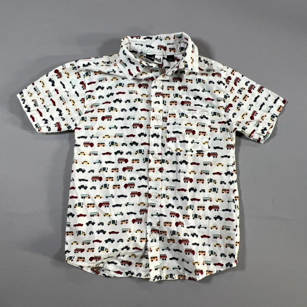 Mick Mack Button Up Shirt Kids 7 White Cars Trucks All Over Print Short Sleeve